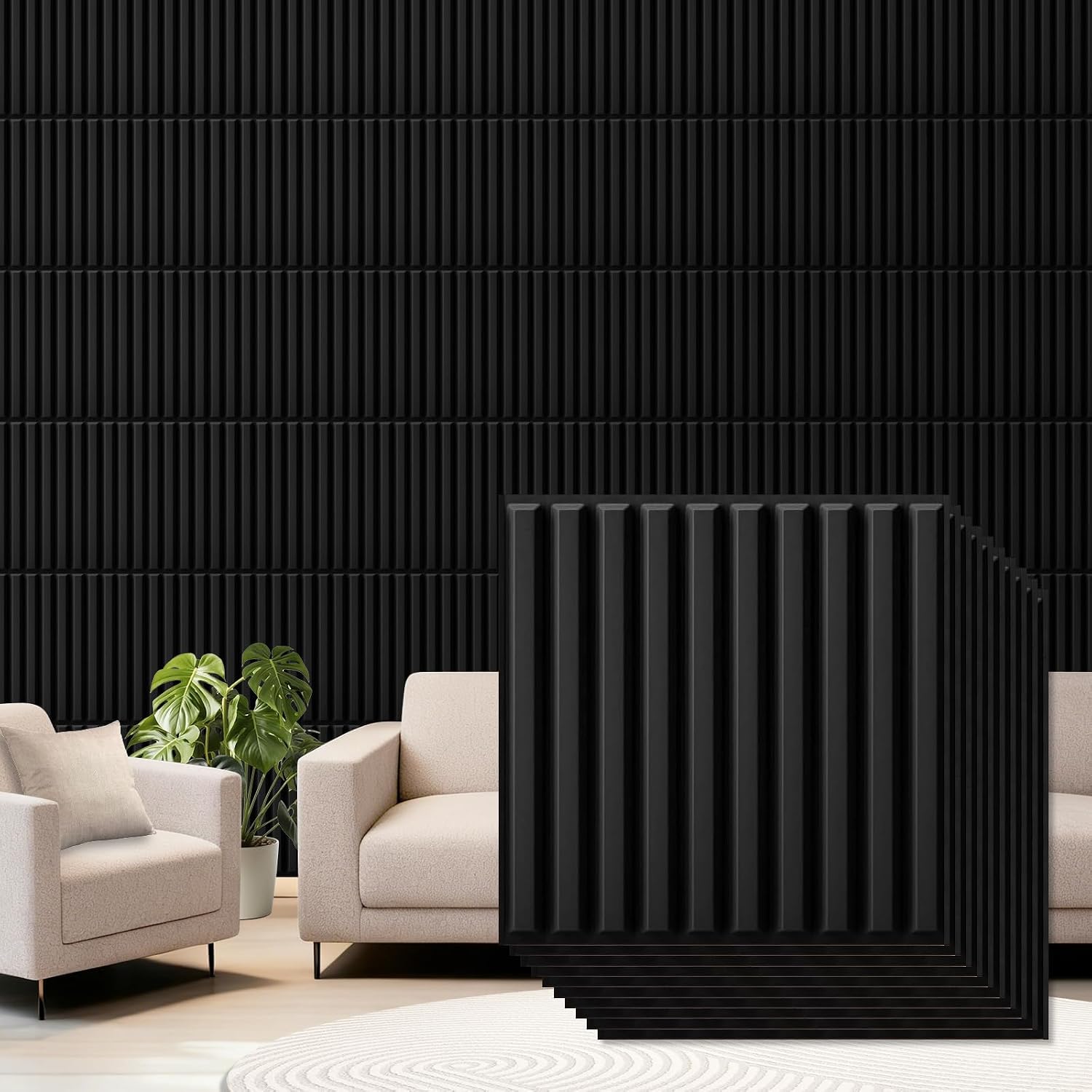 black fluted PVC wall panels - 33-Pack