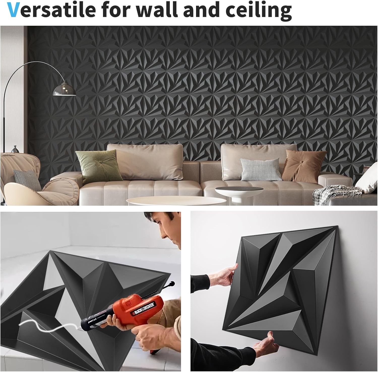 black PVC 3D wall panels - 20-Pack - Image 8