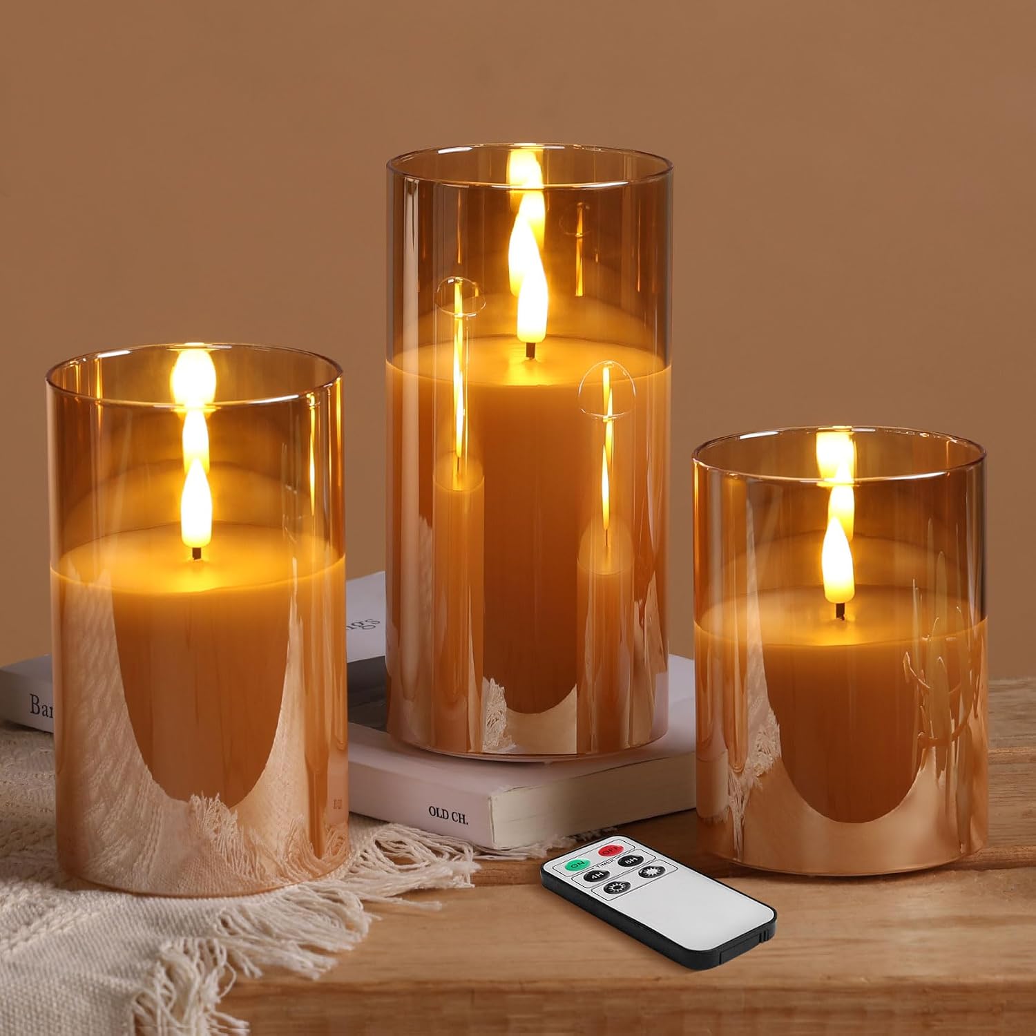 Amber Glass Led Pillar Candles - 3-Piece